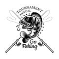 Perch fish bend with crossed fishing rod in engrving style. Logo for fishing, championship and sport club